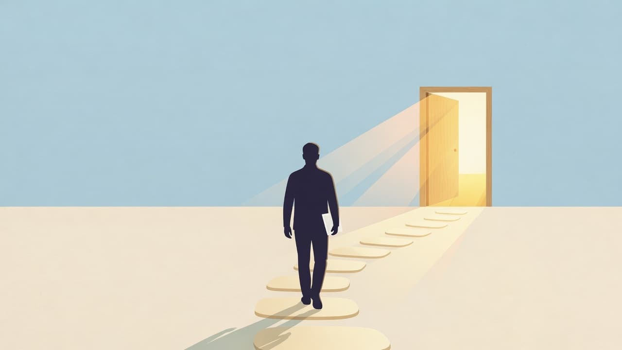A person walking sunlit stepping stones toward an open door