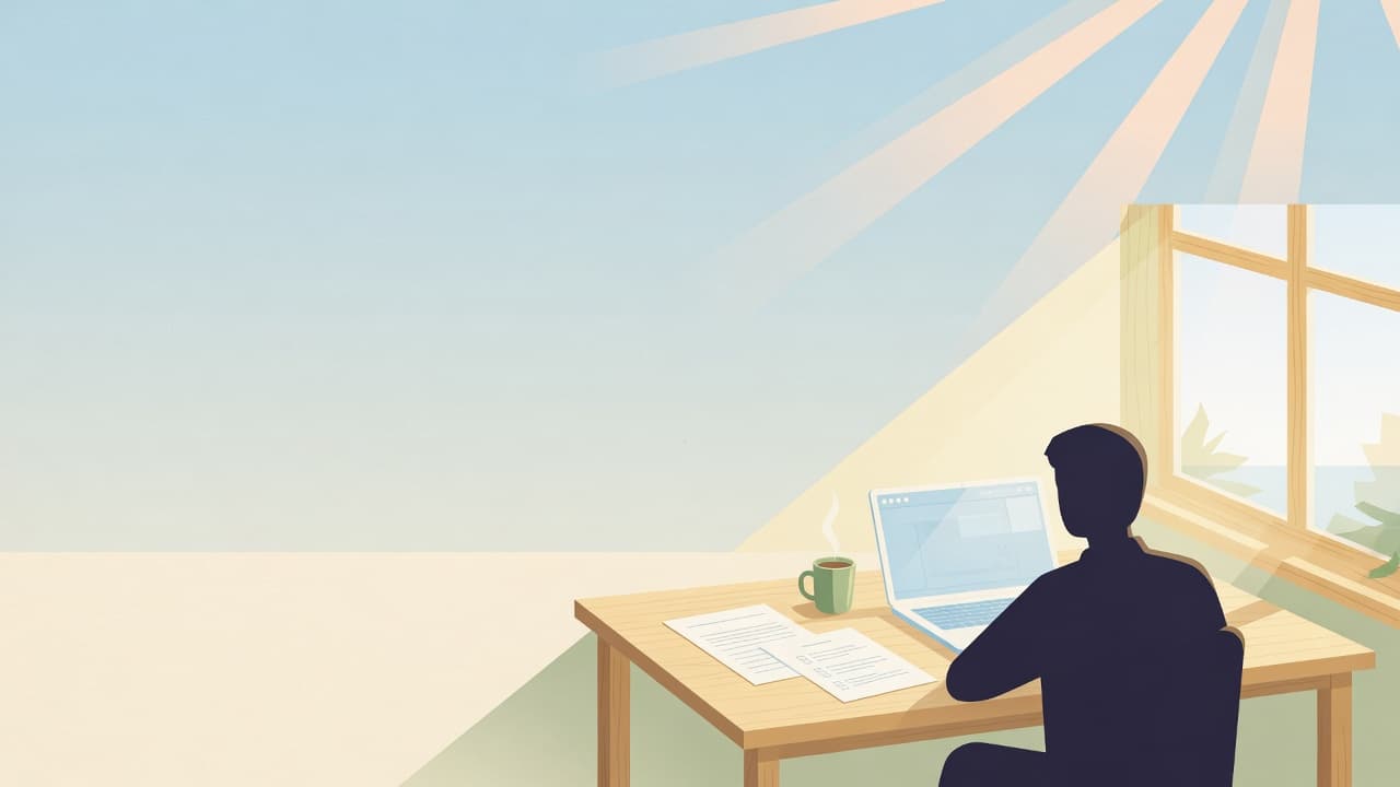 A person at a sunlit desk, preparing for work