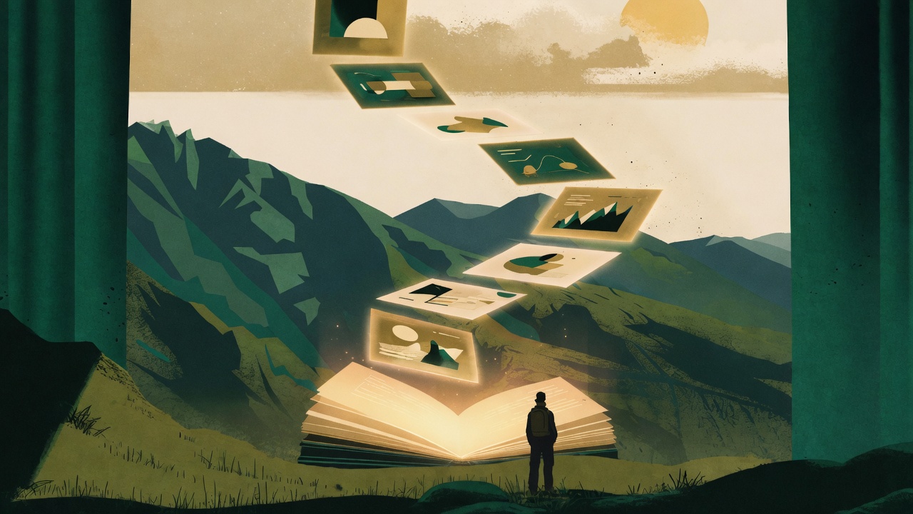 Floating presentation slides rising from an open glowing book