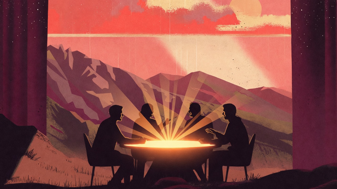 Four silhouettes discussing around a glowing table in the mountains