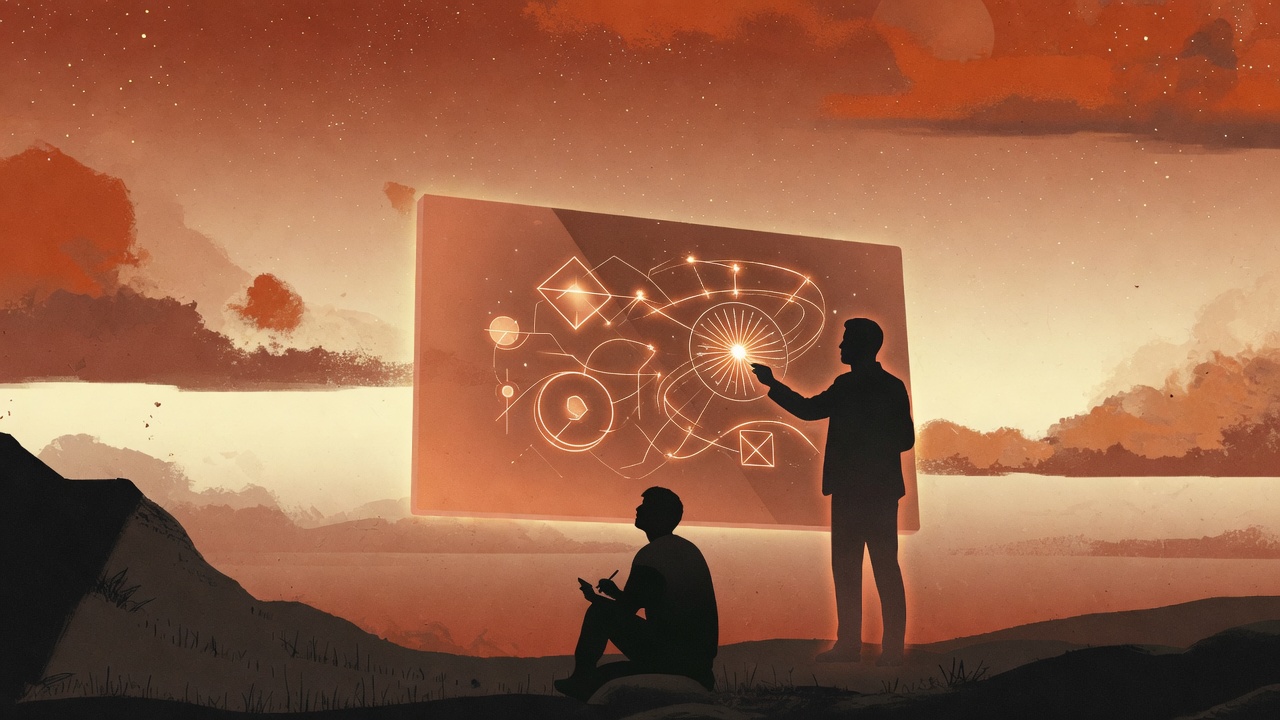 Mentor teaching at a glowing board under a starlit sky