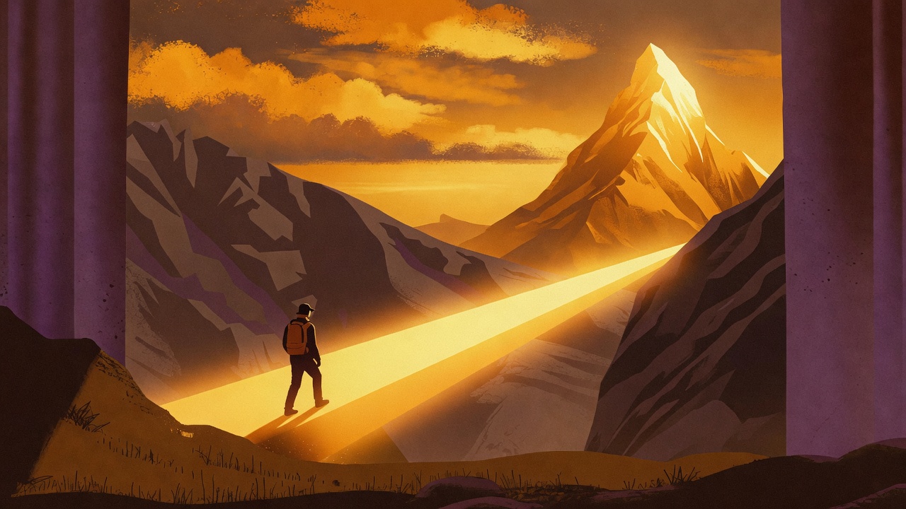 Hiker on a luminous path bridging a mountain canyon